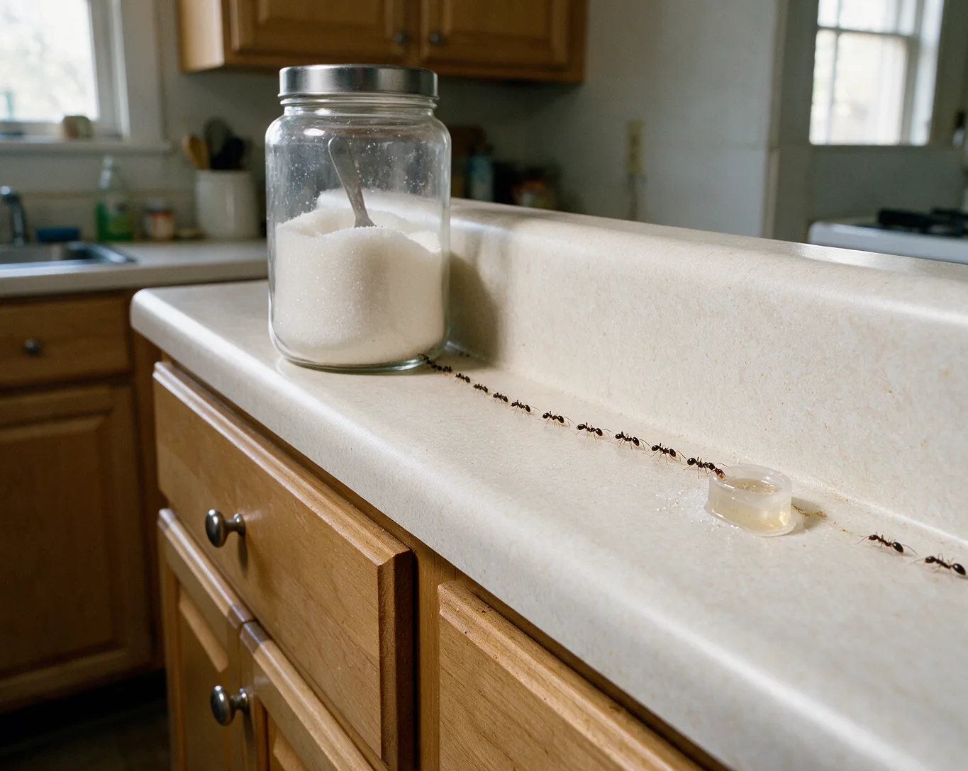 A trail of small ants along a kitchen backsplash near gel bait