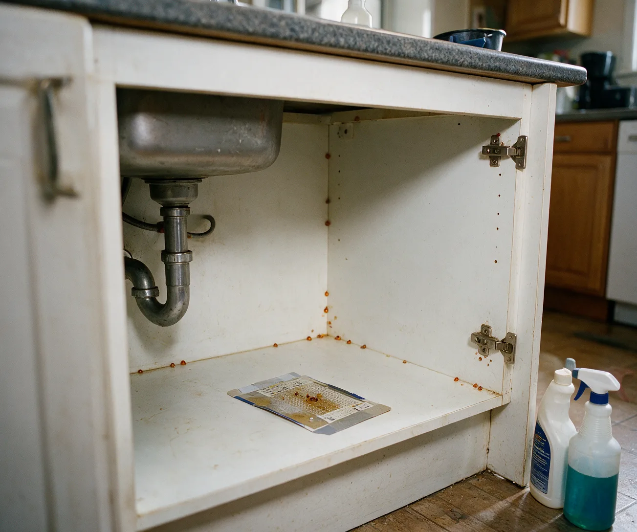 Gel bait placed inside an emptied sink cabinet