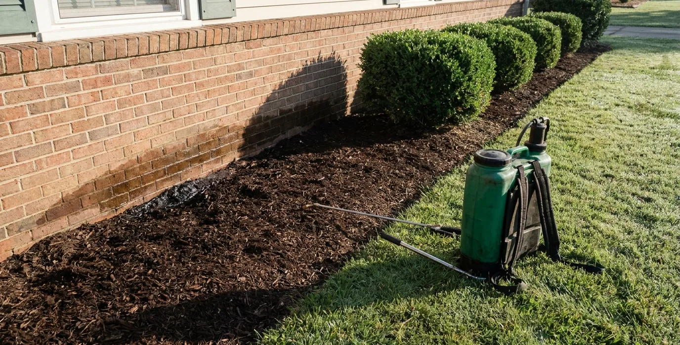 A backpack sprayer wand resting along a treated house foundation
