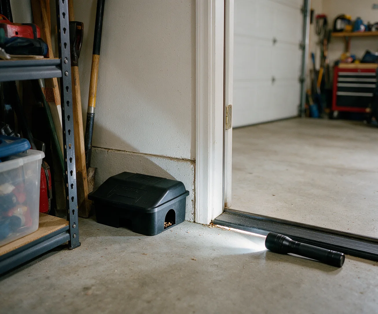 A tamper-resistant bait station in a garage corner