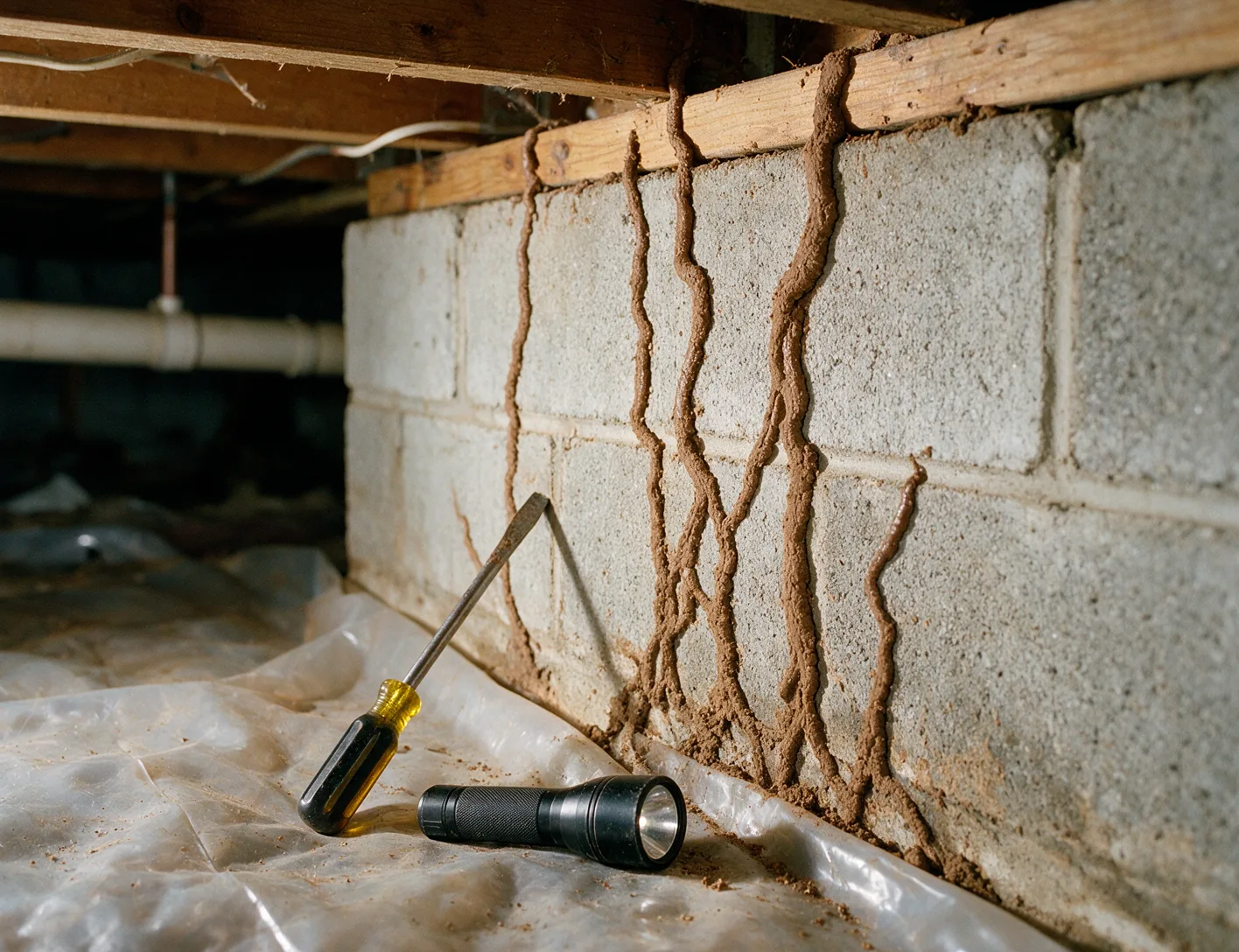 Termite mud tubes on a crawl space foundation wall